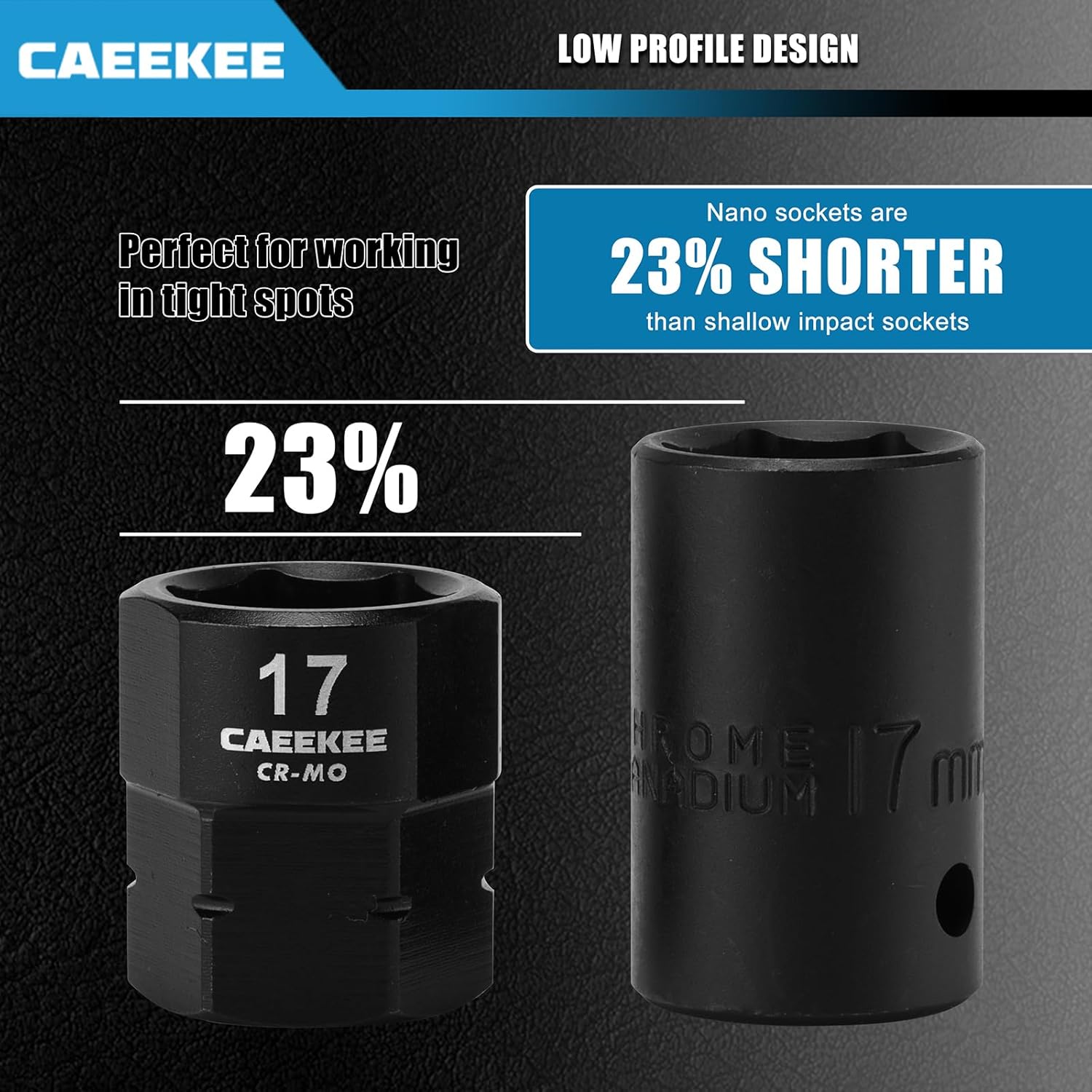 15-Piece 1/2" Drive Metric Low Profile Nano Impact Socket Set, 10-24mm, Cr-Mo, 6-Point, Stubby Socket Set for Tight Spaces