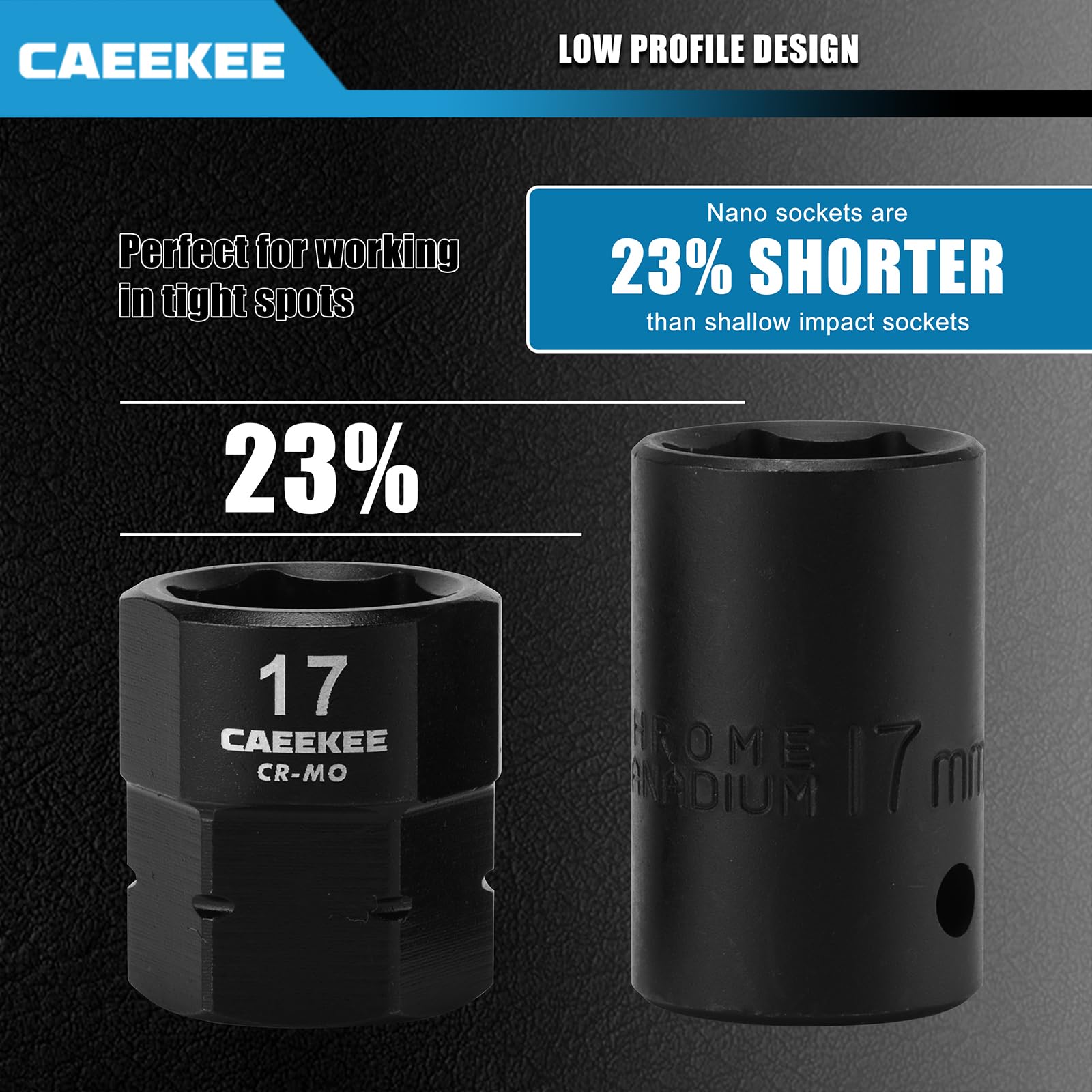 15-częściowy zestaw nasadek udarowych 1/5.1 cm, metryczny, niskoprofilowy, 10-24 mm, Cr-Mo, 6-punktowy, zestaw nasadek do ciasnych przestrzeni