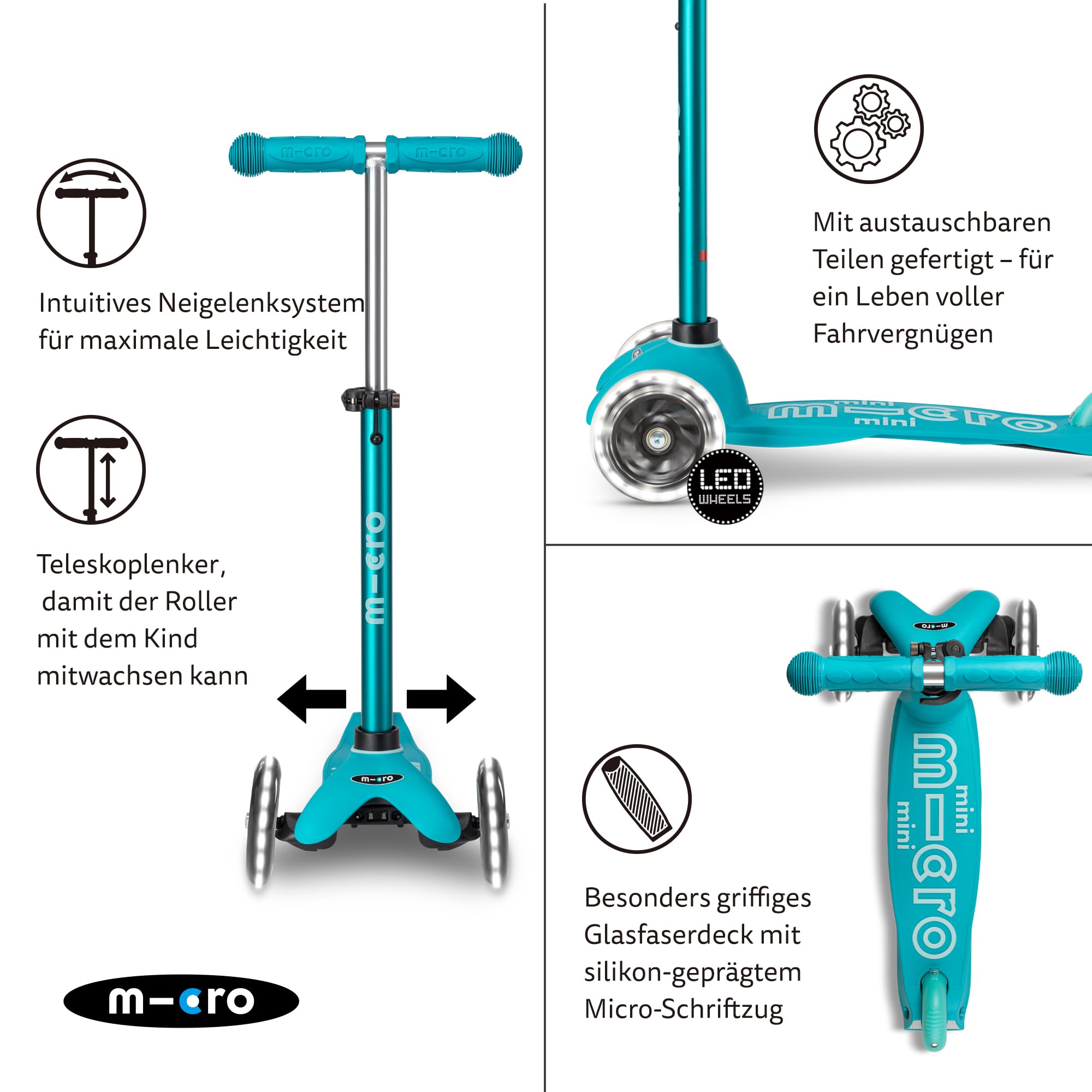 Micro™ Mini Deluxe LED | Kickboard mit LED-Vorderrollen | Lenken durch Gewichtsverlagerung| mitwachsender Lenker höhenverstellbar | ab 2 J. | Kickboard in 7 Farben erhältlich