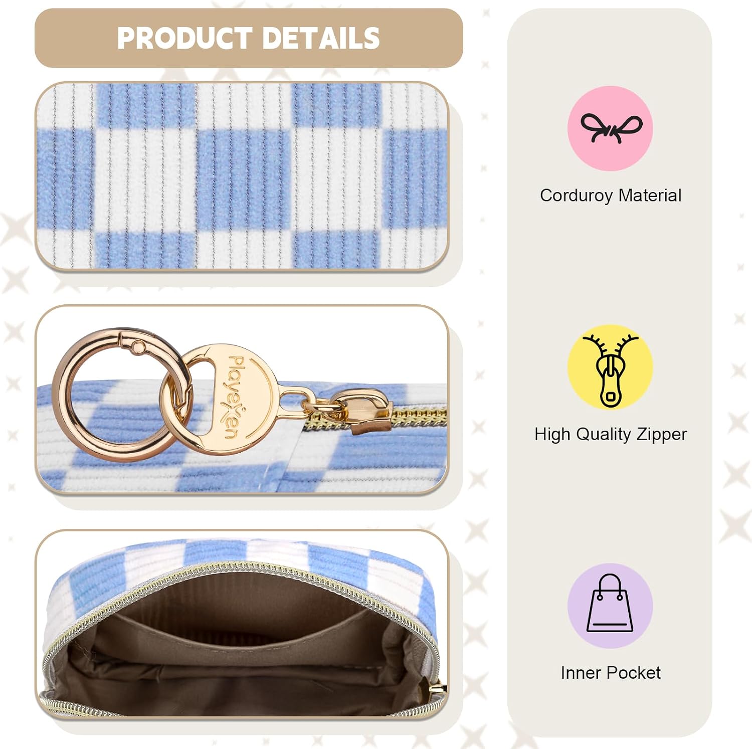 Checkered Period Bag for Teen Girls, Corduroy Sanitary Napkin Storage Bag with Ring Buckle, Cute Menstrual Pad Pouch Tampon Holder for Purse (Checkered-Blue)