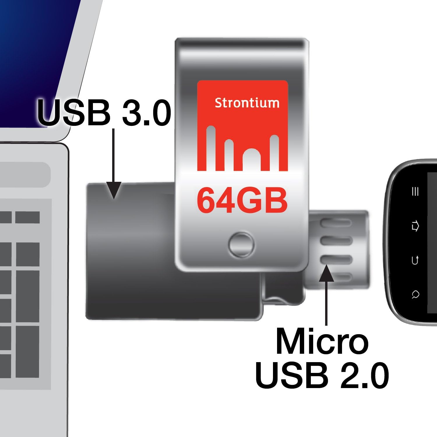 Strontium Nitro Plus 64GB OTG USB 3.0 Flash Drive with Micro USB Connector for Android Mobile Devices - SR64GSLOTG1Z
