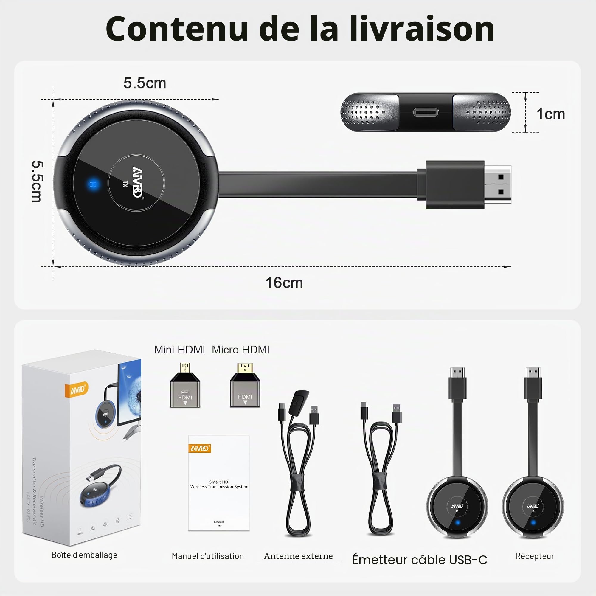 HDMI sans Fil,4K 5G Transmetteur et Récepteur 165FT/50M, HDMI VGA sur Double écran, Transmission en Direct pour Ordinateur Portable, Tablette, Appareil Photo, Prise en Charge Nefix/TikTok/Youtube