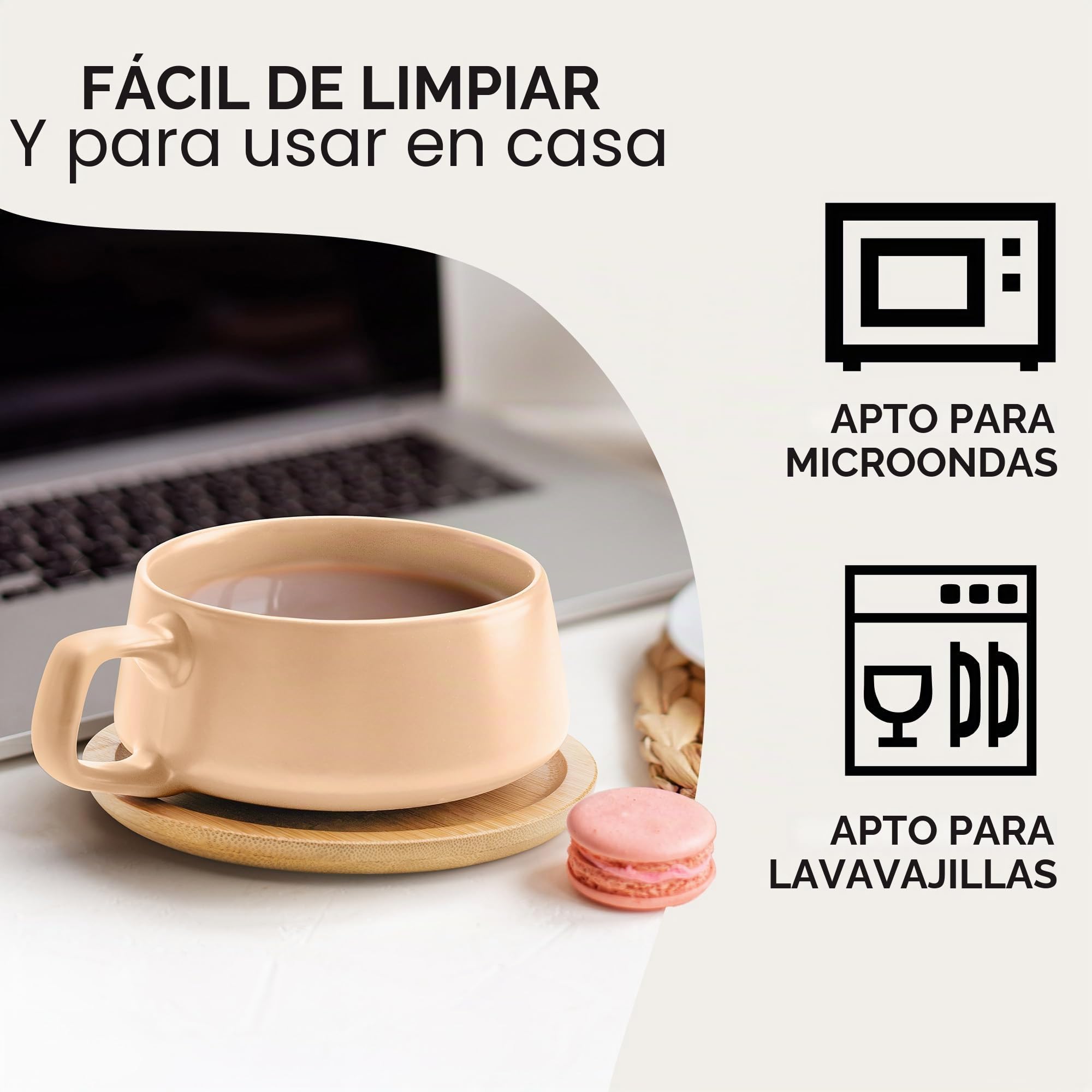 MIAMIO - 4 x 320 ml tazas de café/juego de taza y platillo/elegantes y modernas tazas de café en cerámica gres – Juego de 4 pzas de colección de lujo - Luxe Collection (Beige Pastel)