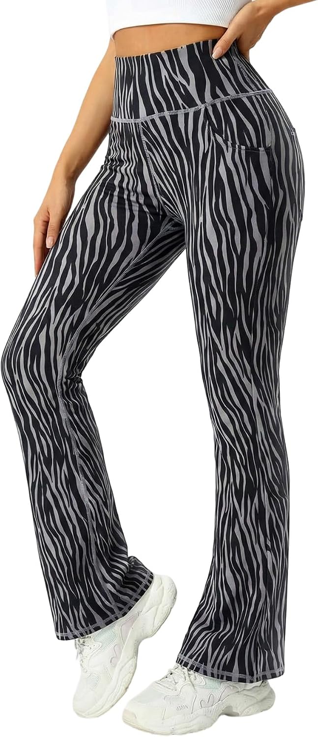 3 Packs Womens High Waist Flare Pants-Flare Yoga Pants，Yoga Pants with Pockets - High Waist and Wide Leg (US, Alpha, X-Large, Regular, Regular, 3 Pack Black + Black + Zebra Pattern)