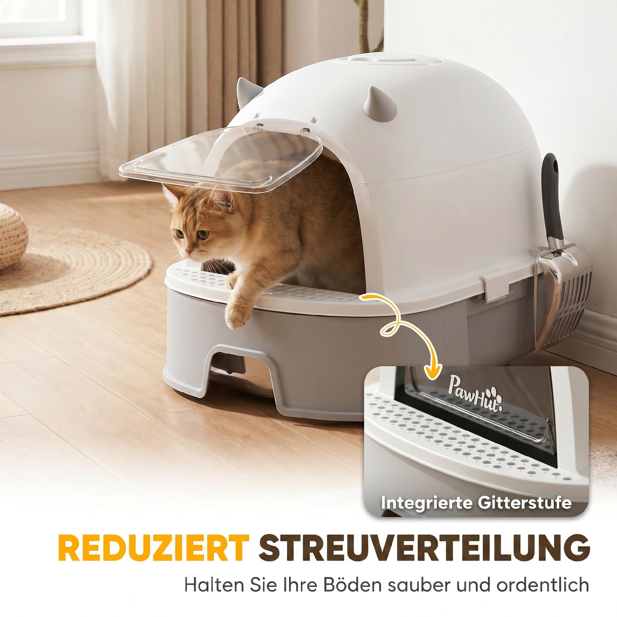 PawHut Katzentoilette mit Abnehmbarem Deckel bis 5 kg 52 x 42 x 39 cm Grau | Edelstahl, Katzenklo, Schaufel, Aktivkohlefilter, Geruchsdicht, für Mittelgroße Katzen