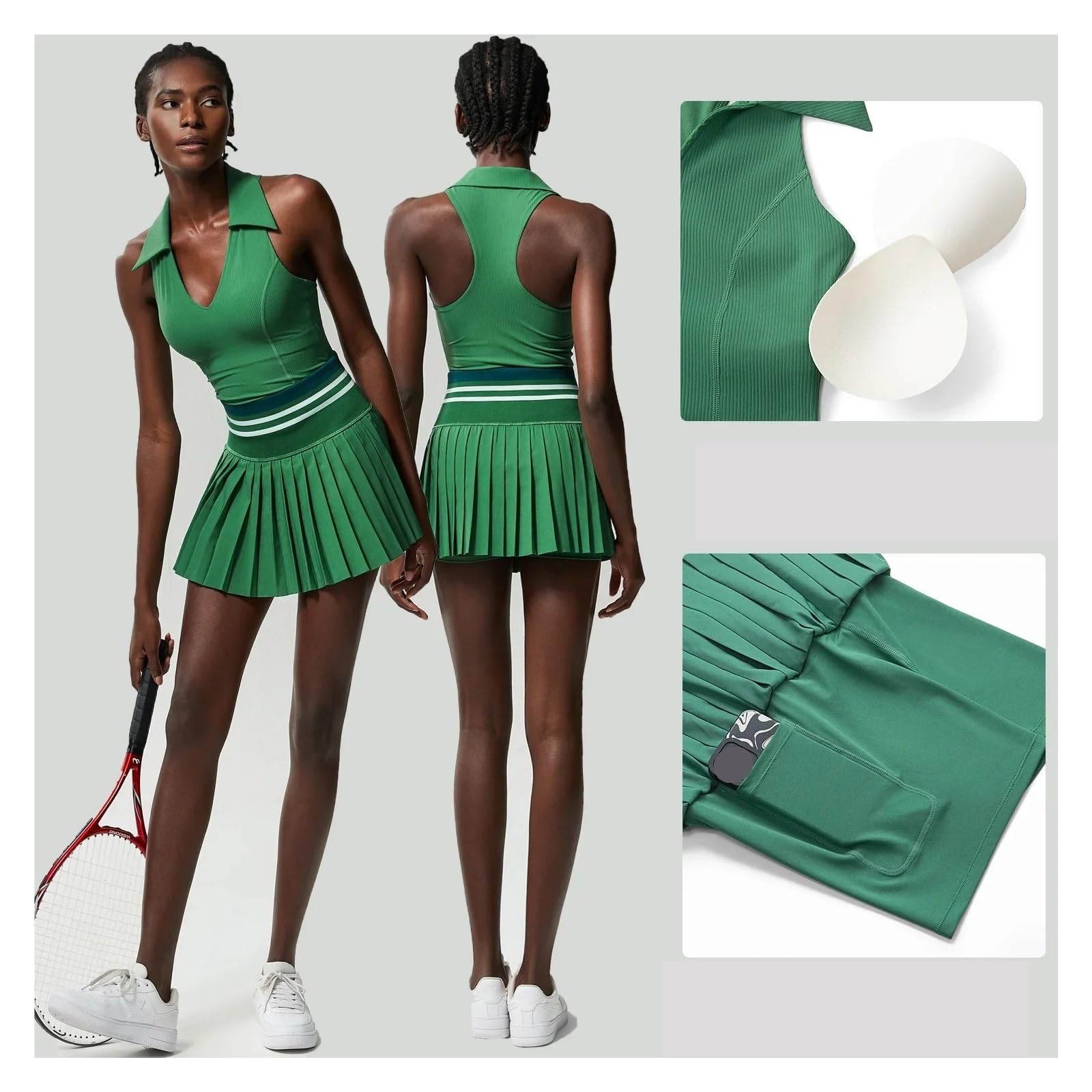 Plus-Size-Sport-Fitness-Tenniskleid-Set Damen Anti-Walking Light Speed ​​Dry V-Ausschnitt mit Brustpolster Yoga-Set Damen 2-teilig