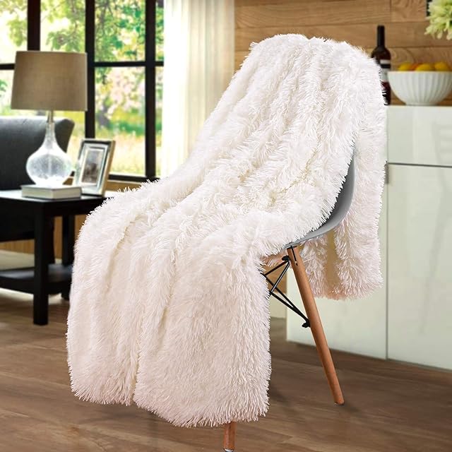 junovo Faux Fur Throw Blanket Super Soft Cozy Fluffy Blankets Warm Lightweight Long Hair Shaggy Fuzzy Throws for Couch & Bed Decor (Cream White,50x60 inch)