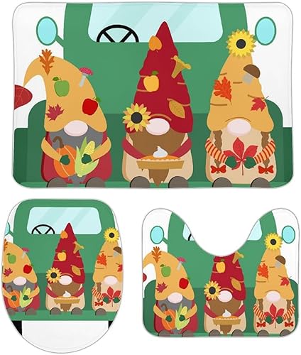 Miniatura 6 de Juego de 3 tapetes de baño con diseño de gnomos de otoño, con cubierta de inodoro, antideslizante y en forma de U, tapete absorbente para baño