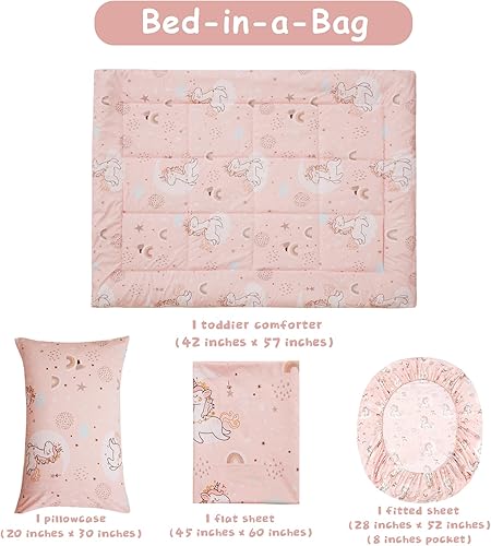 Miniatura 4 de JSD Juego de ropa de cama infantil de 4 piezas de unicornio rosa, juego de edredón de microfibra con estampado de niñas, incluye sábana encimera,