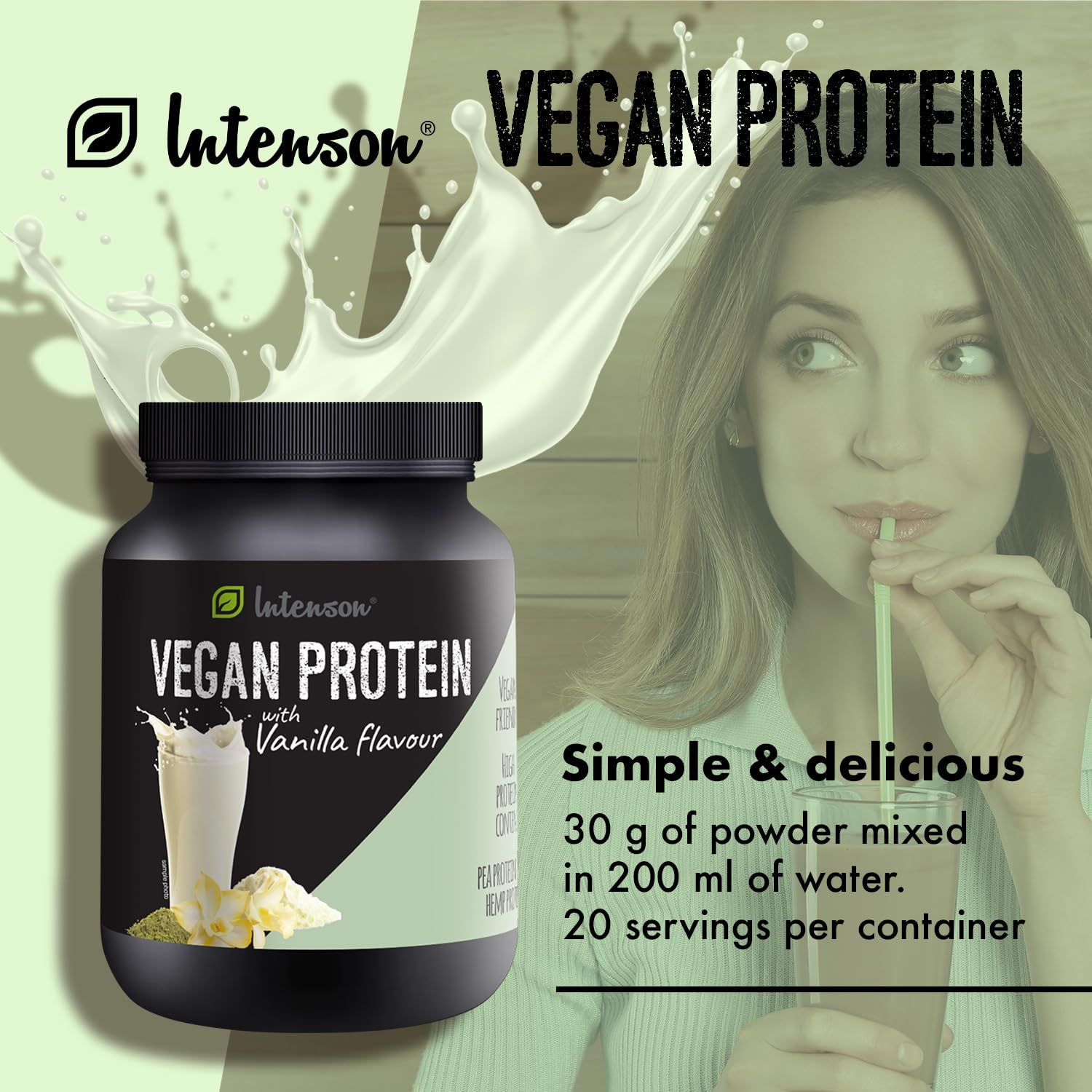 Intenson Veganes Proteinpulver Geschmack: Vanille [600 g], Pfanzliches Protein Pulver Erbsen und Hanf