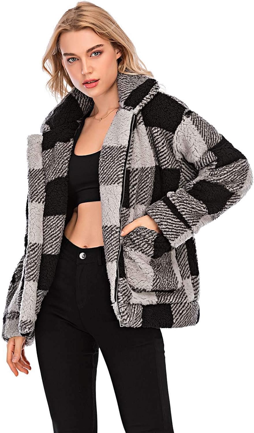 Comeon Women's Coat Casual Lapel Fleece Fuzzy Faux Shearling Zipper Coats Warm Winter Oversized Outwear Jackets - Image 4