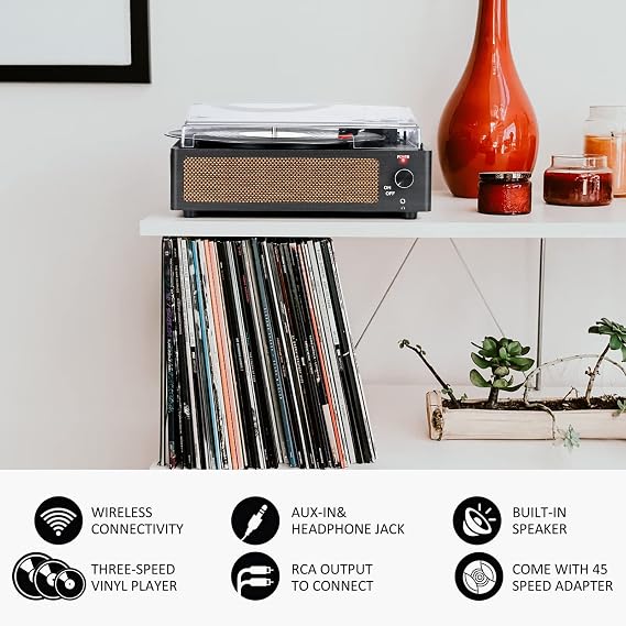 Vinyl Record Players Vintage Turntable with Speakers Belt-Driven Turn Tables Support 3-Speed, Bluetooth Wireless Playback, Headphone, AUX-in, RCA Line LP Phonograph Auto Stop Retro Black