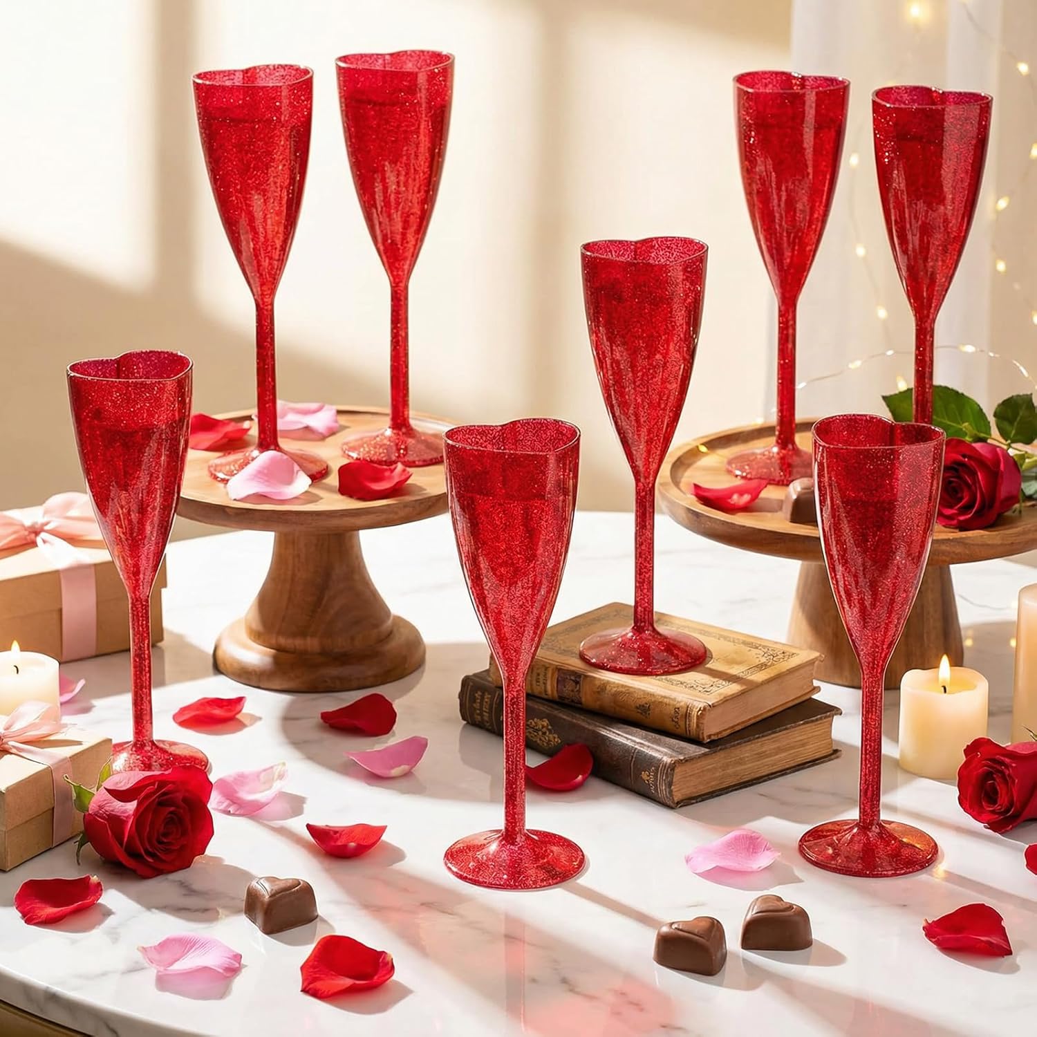 24 Pcs Valentine's Day Heart Plastic Champagne Flutes, 6 oz Glitter Red Heart Flute Romantic Acrylic Stemmed Glasses for Valentine's Day Weddings Anniversary Party Supplies Decor - Image 5