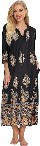 Bloggerlove Vestidos de casa para mujer, batas con cremallera, camisón de algodón suave, media manga, abrigo de casa, vestidos largos de noche, ropa