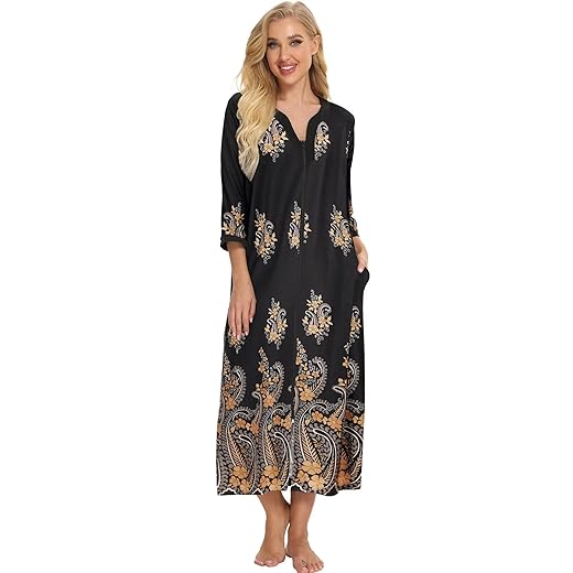 Bloggerlove Womens Sleepwear Momo Dresses Cotton Short Sleeve Nightshirt Zip Front Bathrobe Nightwear House Dress With Pockets Comfy Lounger