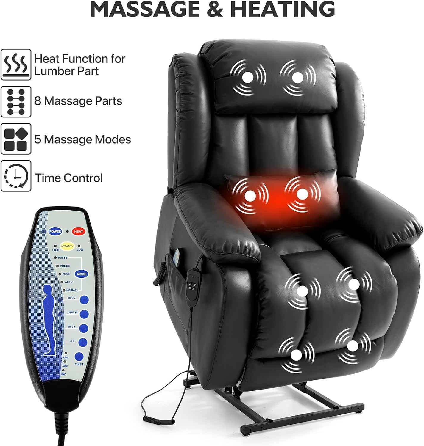 Extra Large Power Lift Recliner Chair Elderly Dual Motor Lay Flat Infinite Position Heated Massage Breathable Leather Reclining Sofa USB Port Remote Control Heavy Duty
