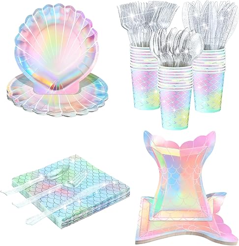 Miniatura 13 de 144 piezas de suministros de fiesta temática de sirena, decoraciones de fiesta bajo el mar, vajilla de fiesta incluye platos de almeja, servilletas