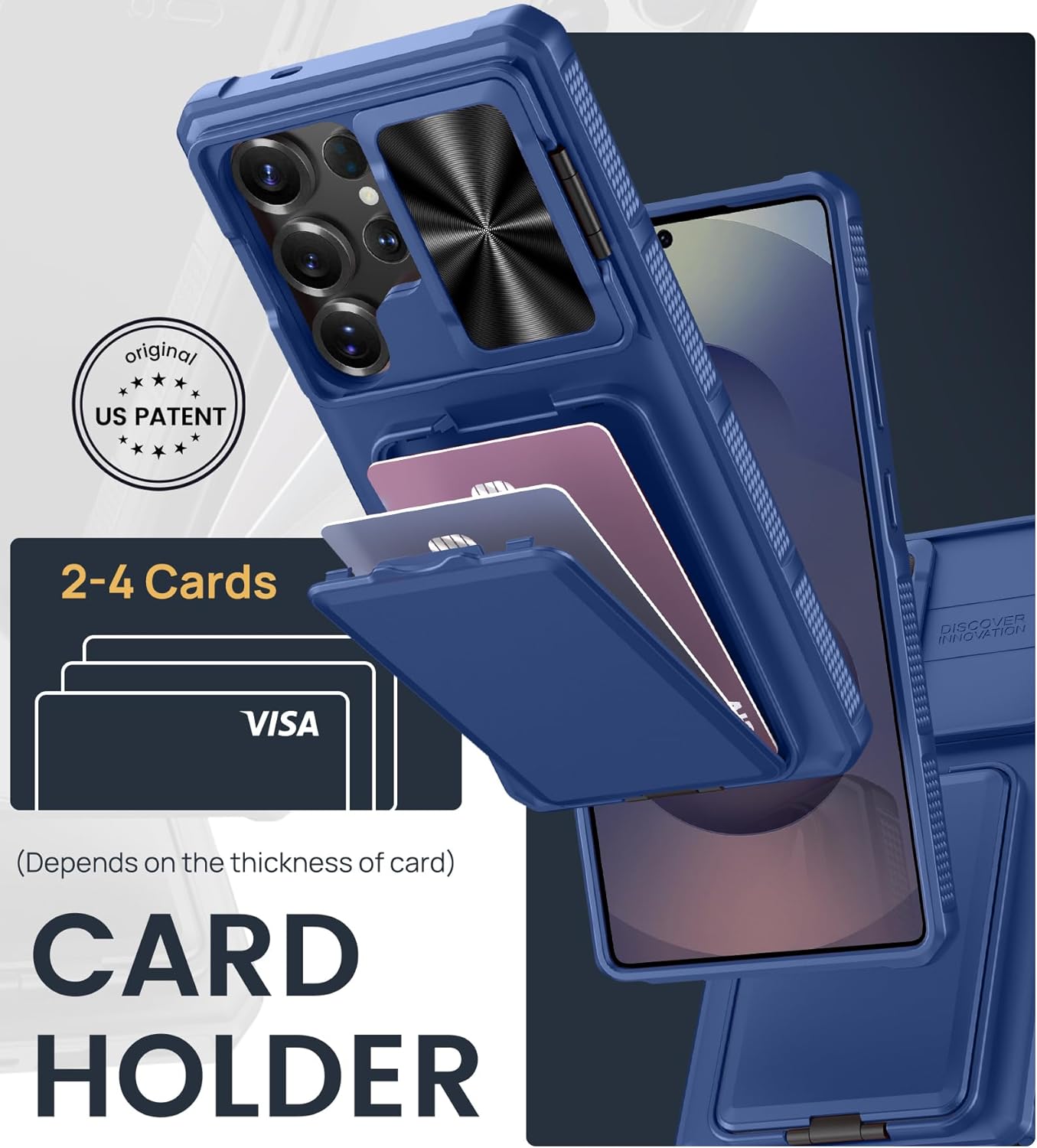 SSLOTSCASE for Samsung Galaxy S25 Ultra Case with 2X Screen Protector, Stand & Credit Card Holder & Sliding Camera Cover, Full-Body Drop Proof Silicone Edge Protective Cover for S25 Ultra, Blue