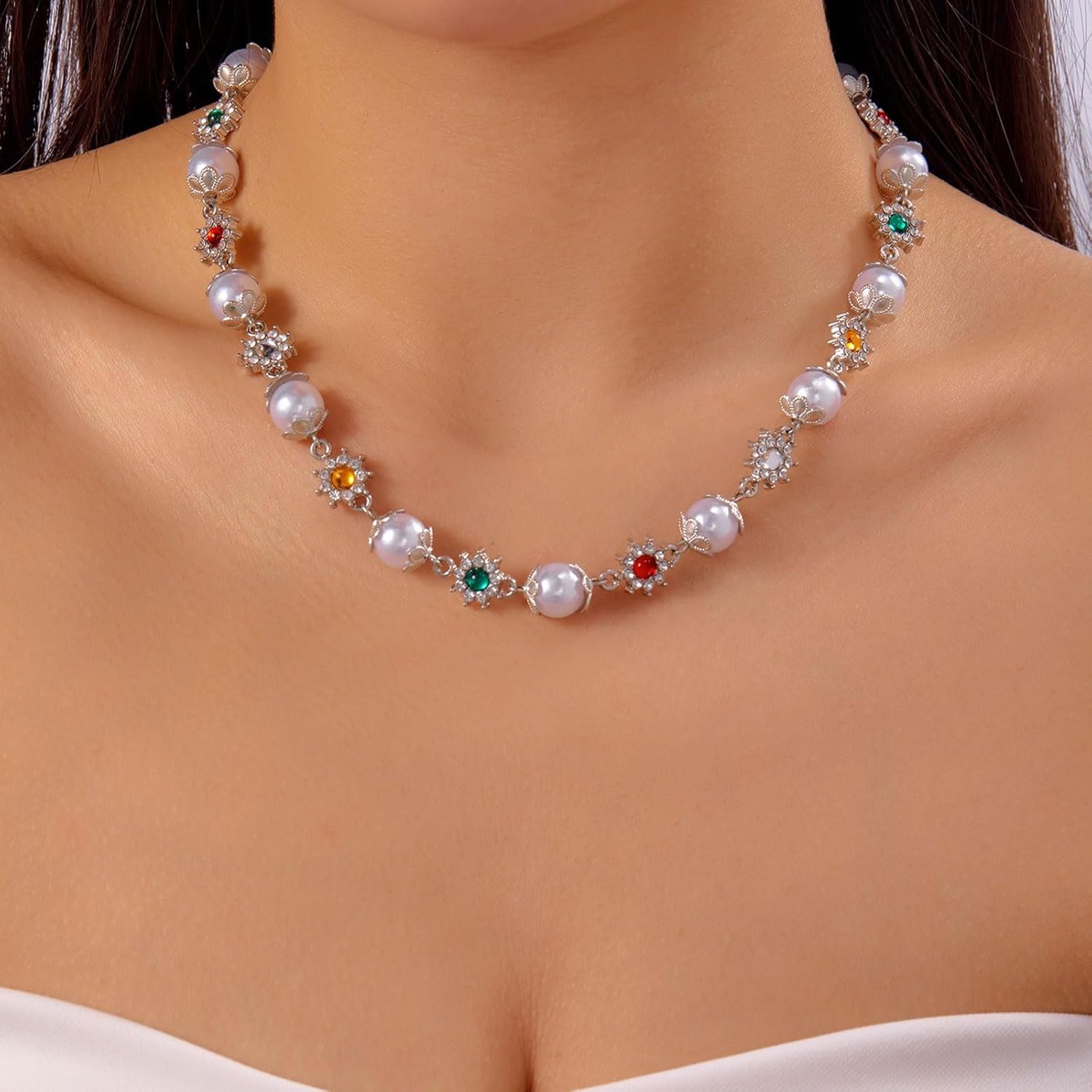 Daisy Pearl Choker Necklace for Women Colorful Rhinestone Flower Pearl Choker Necklace Dainty Pearls Statement Necklaces Wedding Bridal Jewelry Gifts - Image 2