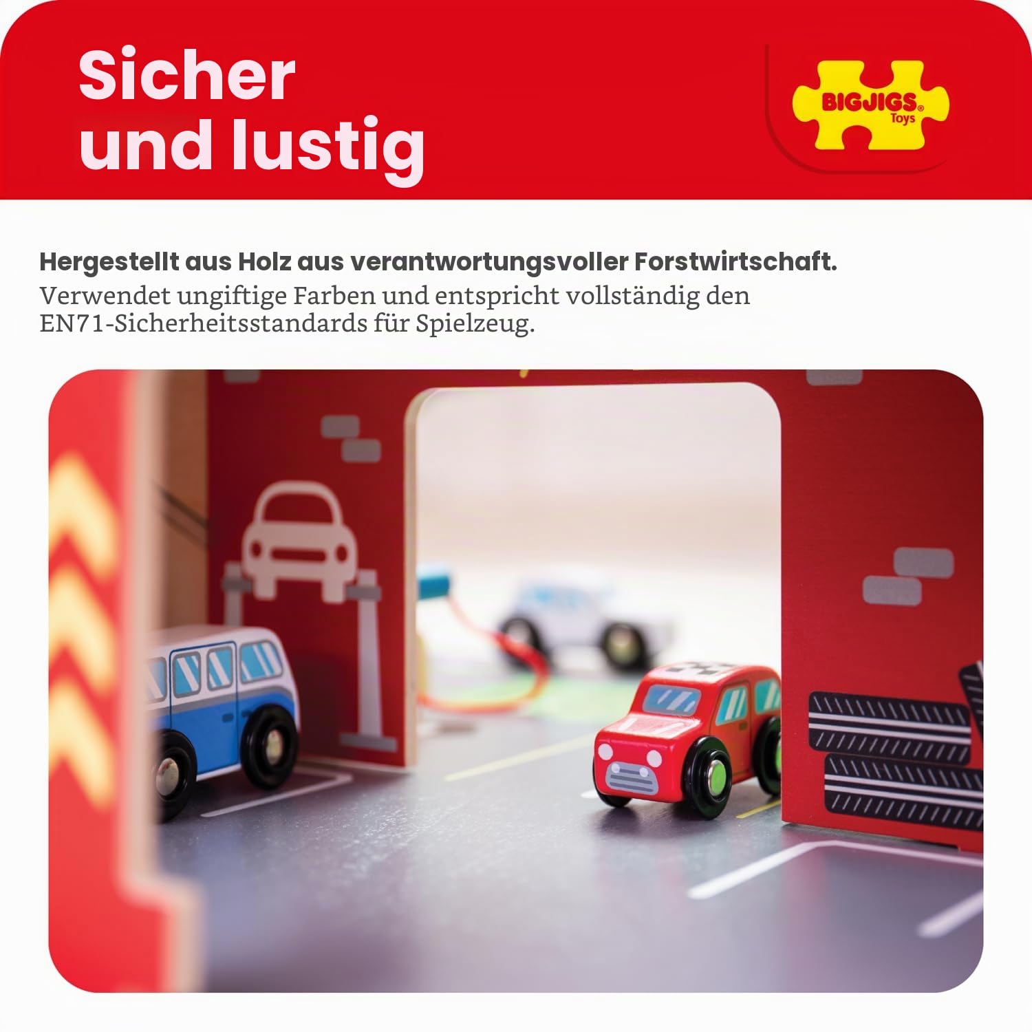 Bigjigs Park & Play Garage-Spielzeug, Holz-Servicezentrum mit Aufzug & Autowaschanlage