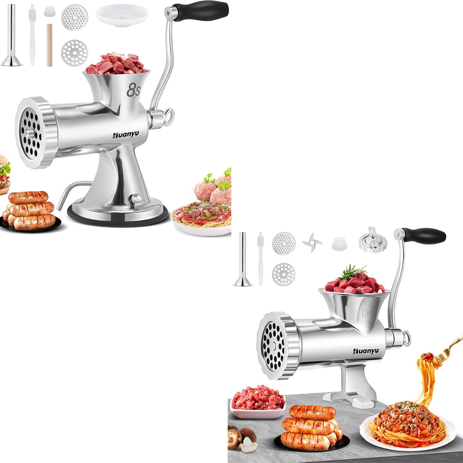 Huanyu Manual Meat Grinder Sausage Stuffer Filler Hand Crank Mincer Meat Processor Grinding Machine Ground Chopper Home Use and Huanyu Manual Meat Grinder with Biscuit Making Accessories (NO.12s) Bund