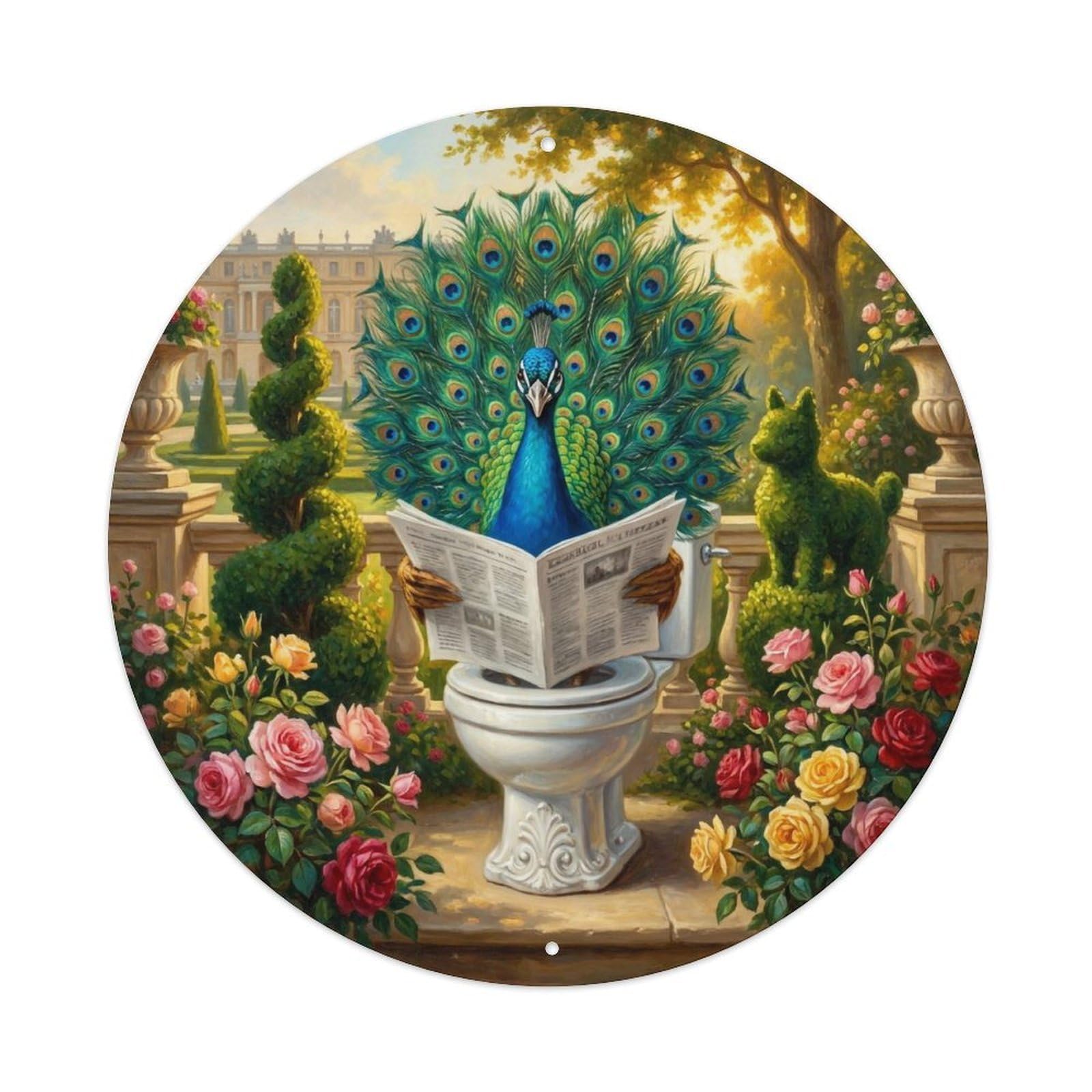 Peacock On Toilet Humorous Bathroom Palace Garden Reads Metal Tin Sign