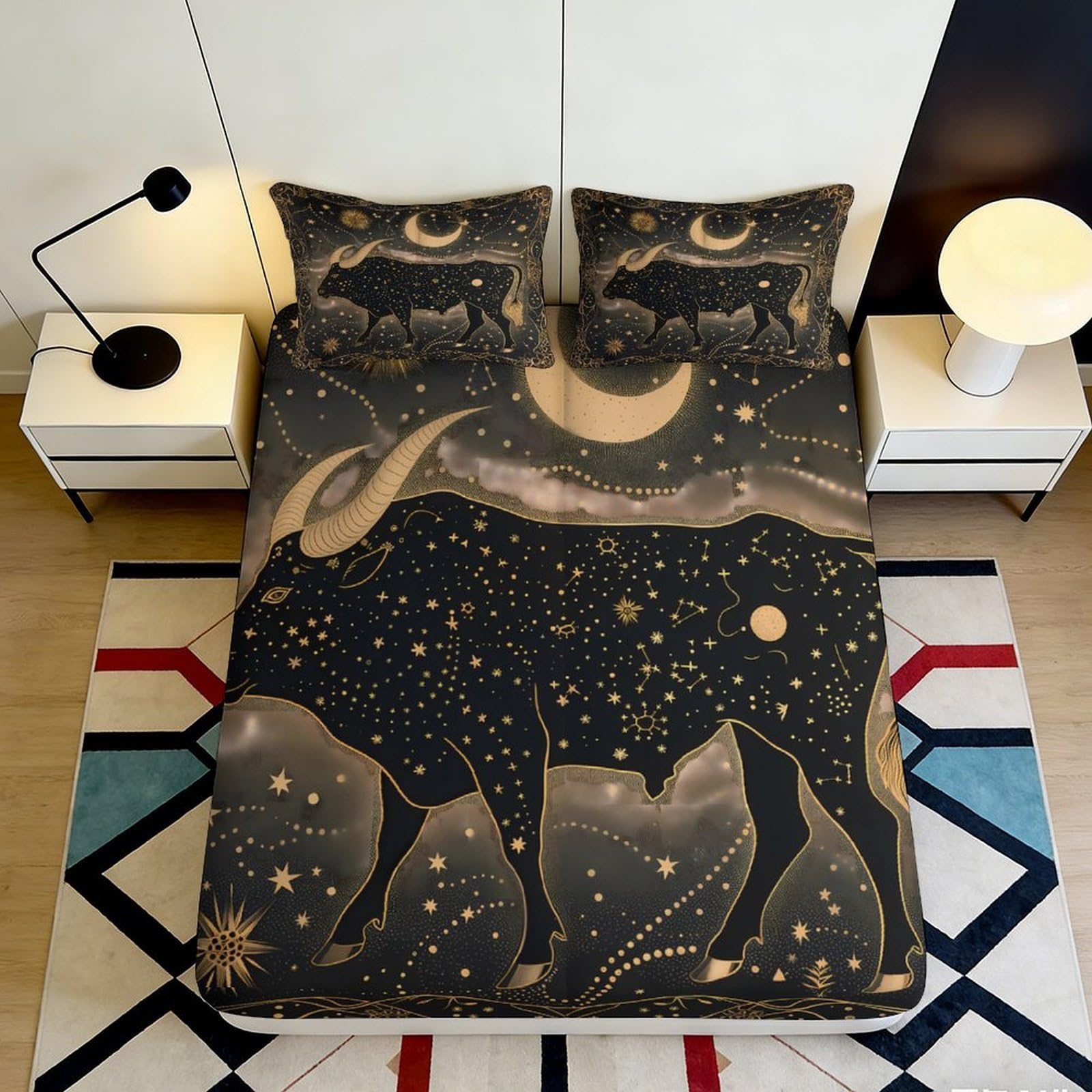 3D Printed Starry Night Wolf Fitted Sheet Microfiber Soft Breathable Moon Mattress Cover for Bedroom Dorm Decor 90x200x25cm