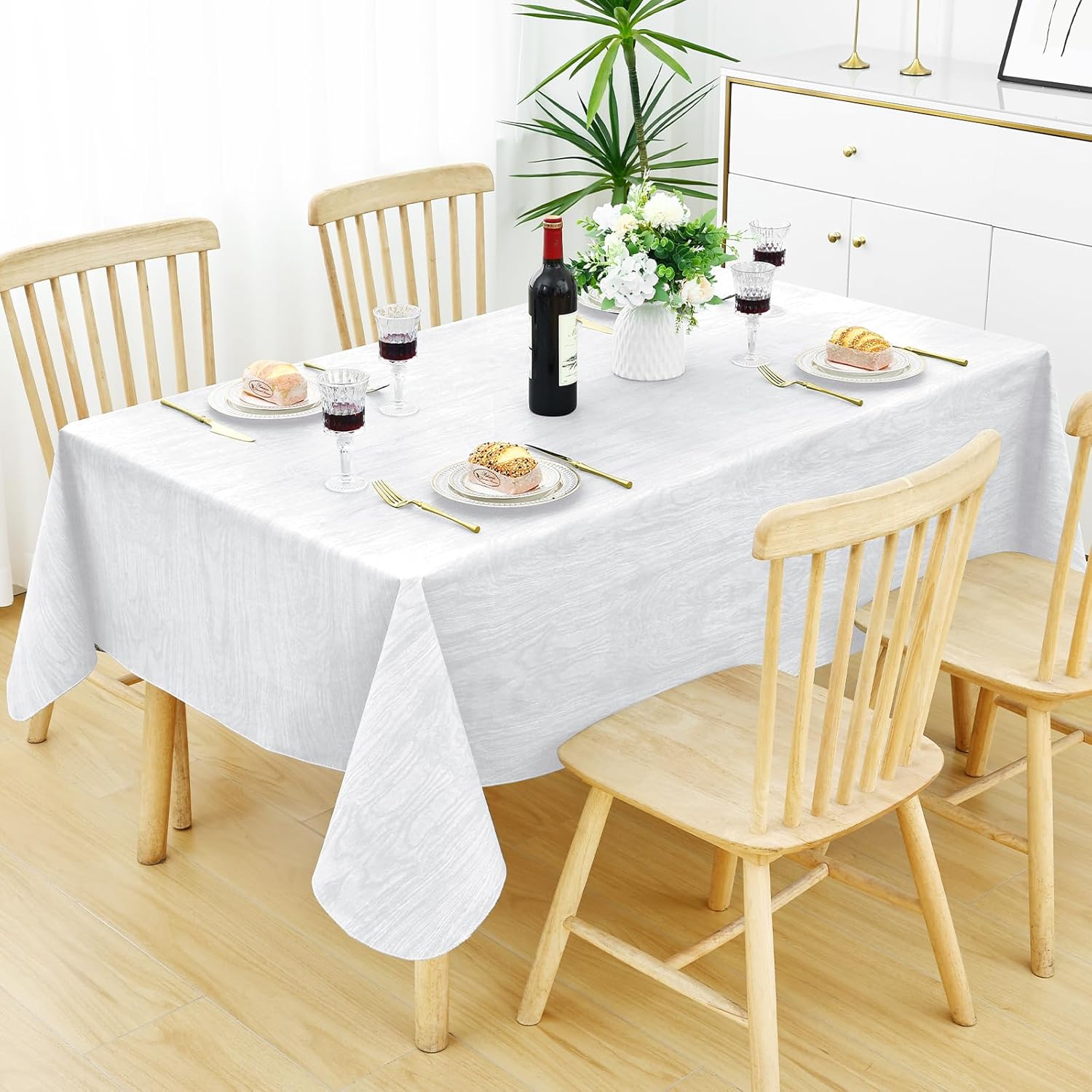 Smiry Rectangle Table Cloth, Waterproof Vinyl Tablecloths with Flannel Backing, Wipeable Spillproof Plastic Wood Grain Table Cover for Dining, Indoor and Outdoor (Grey & White, 60" x 102")