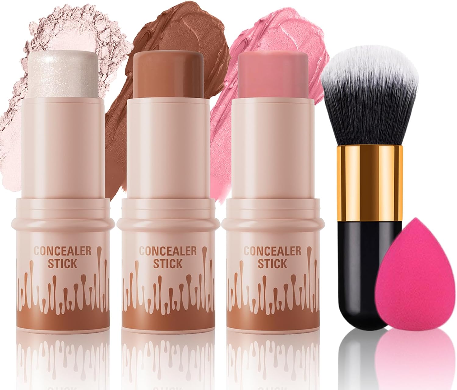 RoseFlower 3pcs Face Contour Stick Makeup Set, Highlighter Stick Blush Stick Cream Contour Kit with Brush, Contouring Stick for Fair Skin, Concealer Makeup Stick Gift for Beginner Teen Girls Women