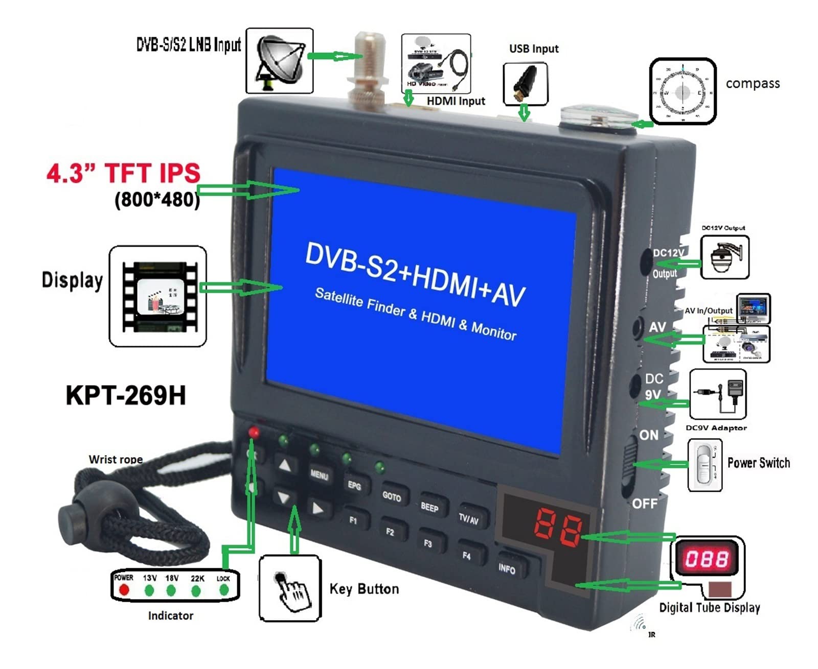 DVB-S2 Satfinder Digital Satellite TV Receptor Finder Meter MPEG-4 Modulador Full HD KPT 269H Decodificador del Receptor