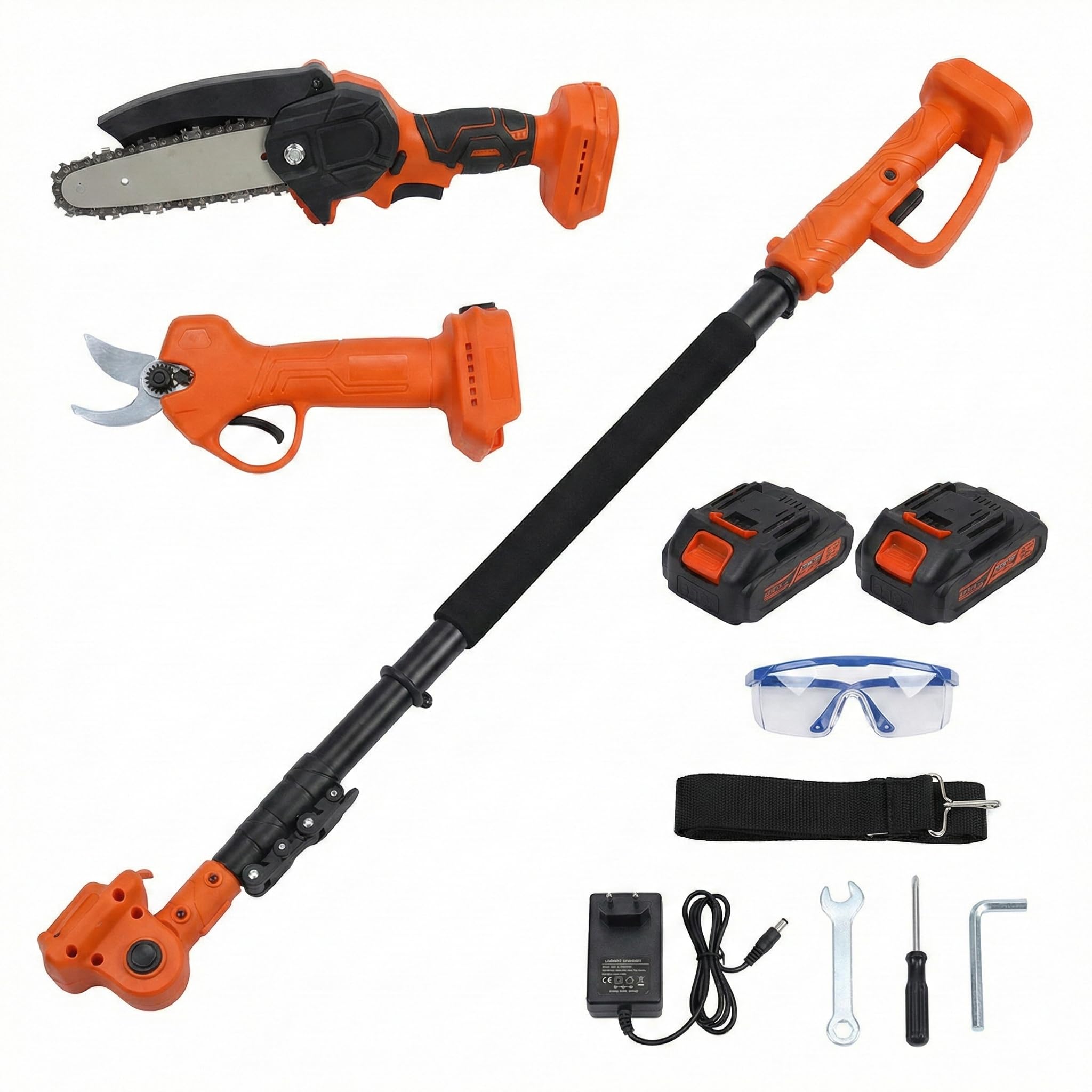 Kit de Poda a Batería con Motosierra, Tijeras Eléctricas y Pértiga Telescópica de 263cm, Incluye 2 Baterías, Cargador y Gafas, para Poda en Altura
