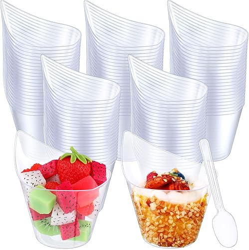 Miniatura 10 de Paquete de 150 tazas de postre de plástico transparente de 7 onzas con cucharas de degustación de plástico, tazas de aperitivo, tazas de yogur y