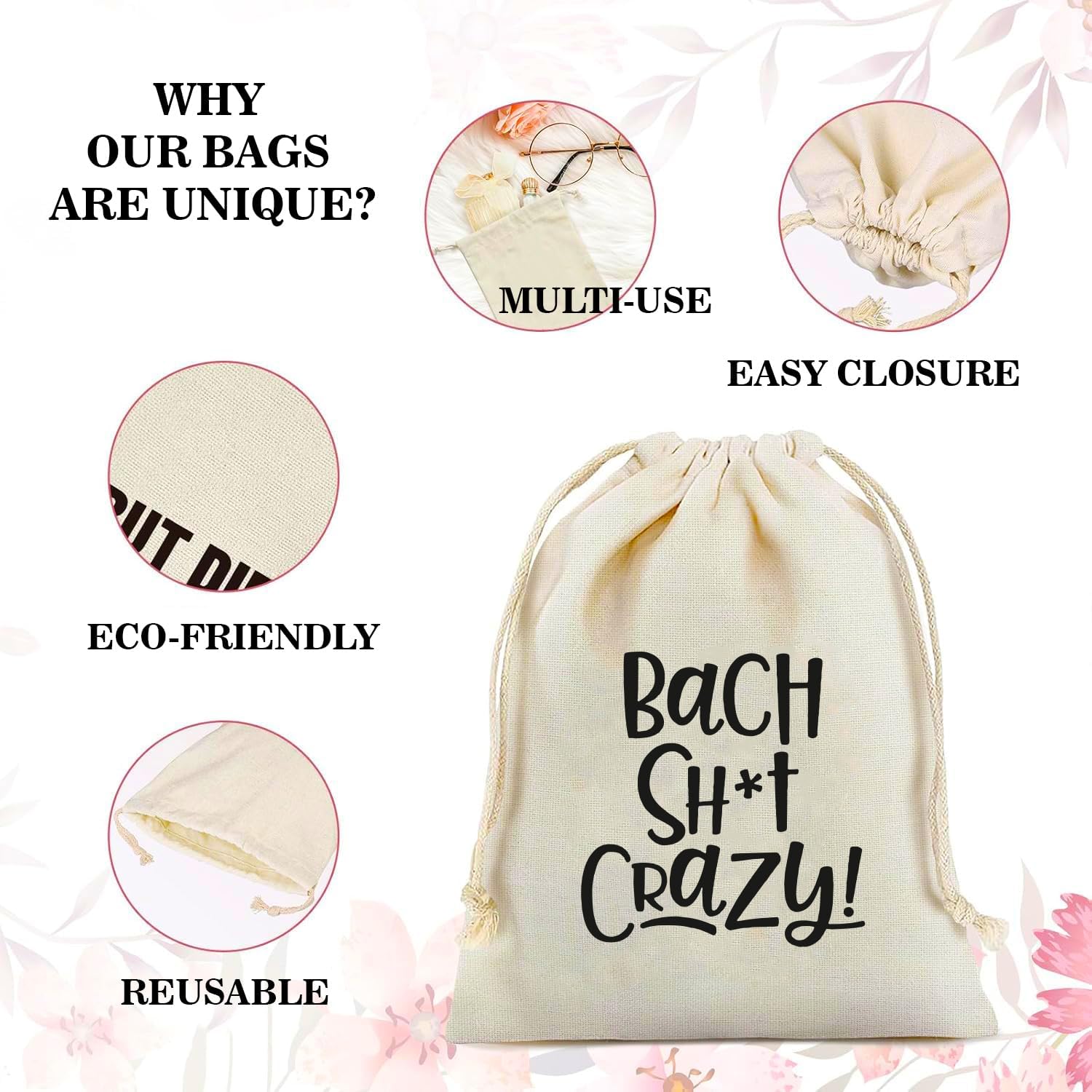 Pack of 10 Cotton Drawstring Party Favor Bags hangover kit bachelorette survival gift bag Bach sh* Crazy