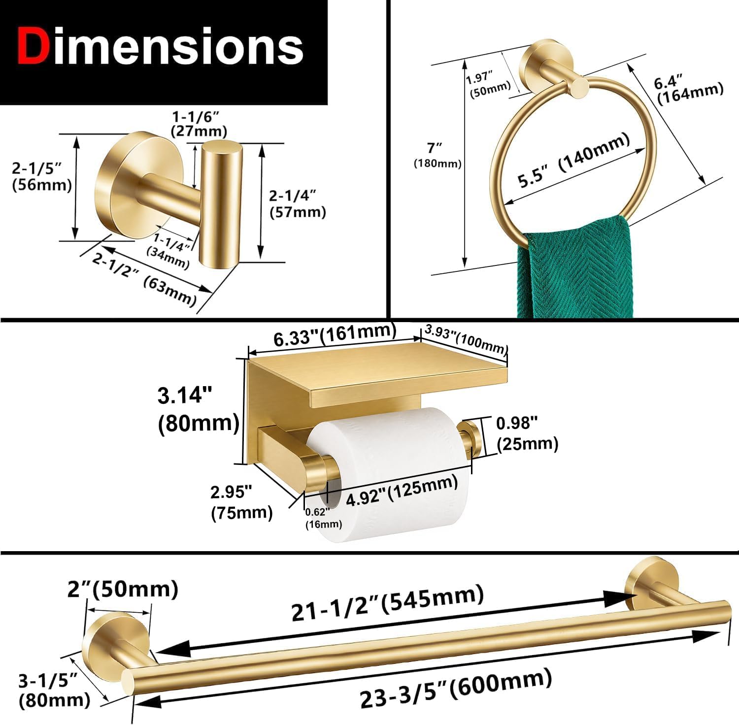 5 Pieces Brushed Gold Bathroom Hardware Accessories Set, SUS304 Stainless Steel 24 Inch Bath Towel Bar Set, Round Bathroom Towel Holder Set, Towel Racks for Bathroom Wall Mounted image 3