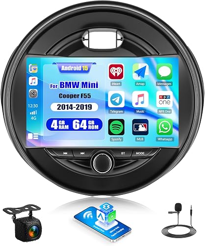 [4G+64G] for BMW Mini Cooper F55 2014-2019 Android 15 Car Radio Carplay Android Auto 9 Inch Touch Screen Bluetooth FM RDS 32EQ/WiFi/GPS Navigation/AI DSP/SWC+AHD Backup Camera