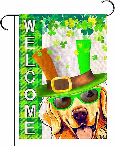 KROMNOUR Bandera de jardín del Día de San Patricio Golden Retriever de 12.5 x 18 pulgadas, lindo trébol verde de perro, bandera de jardín de