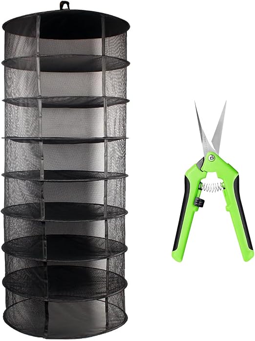 Growsun Herb Drying Rack, 2ft Diameter 8 Tiers Hanging Mesh Drying Rack w/Garden Pruning Shears