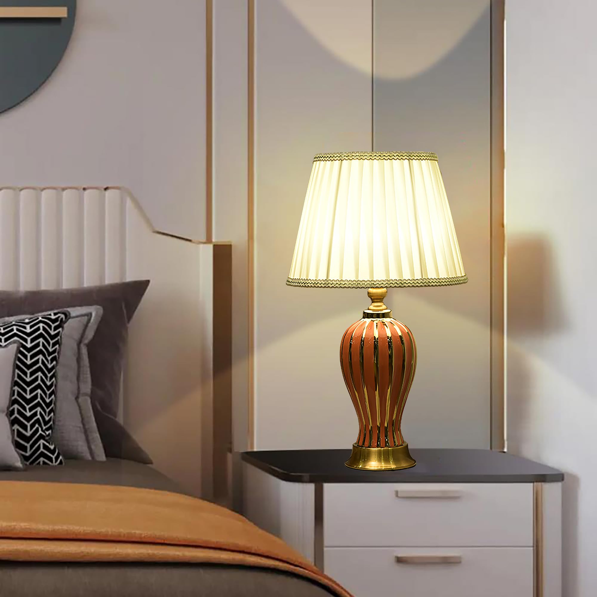 XINYASEE Lampe de table en céramique simple, lampe de chevet rétro avec abat-jour en tissu,Lampe de bureau, llampe à poser pour la chambre à coucher et le salon E27 Tête (Rouge)