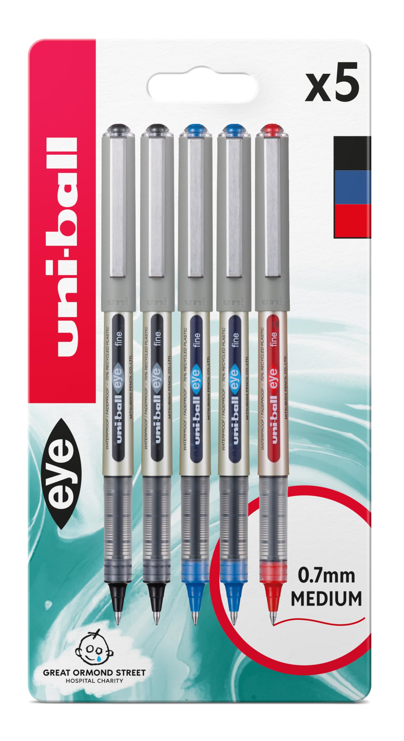 uni-ball Eye Rollerball Pens, Assorted Colours, 0.7 mm (5-Pack)