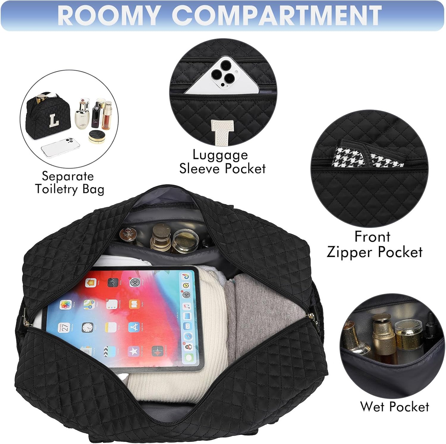 Initial Travel Duffle Bag for Women - Black Personalized Weekender bags Overnight Bag with Shoe Compartment & Wet Pocket Weekend Tote Bags with Toiletry Bag Monogram Christmas Gift (Letter L) image 2
