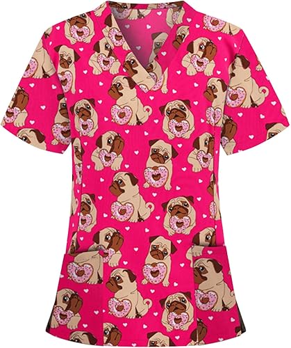 Miniatura 1 de Camiseta médica estampada para mujer, cuello en V, ajuste delgado, casual, de manga corta, para verano, con bolsillo