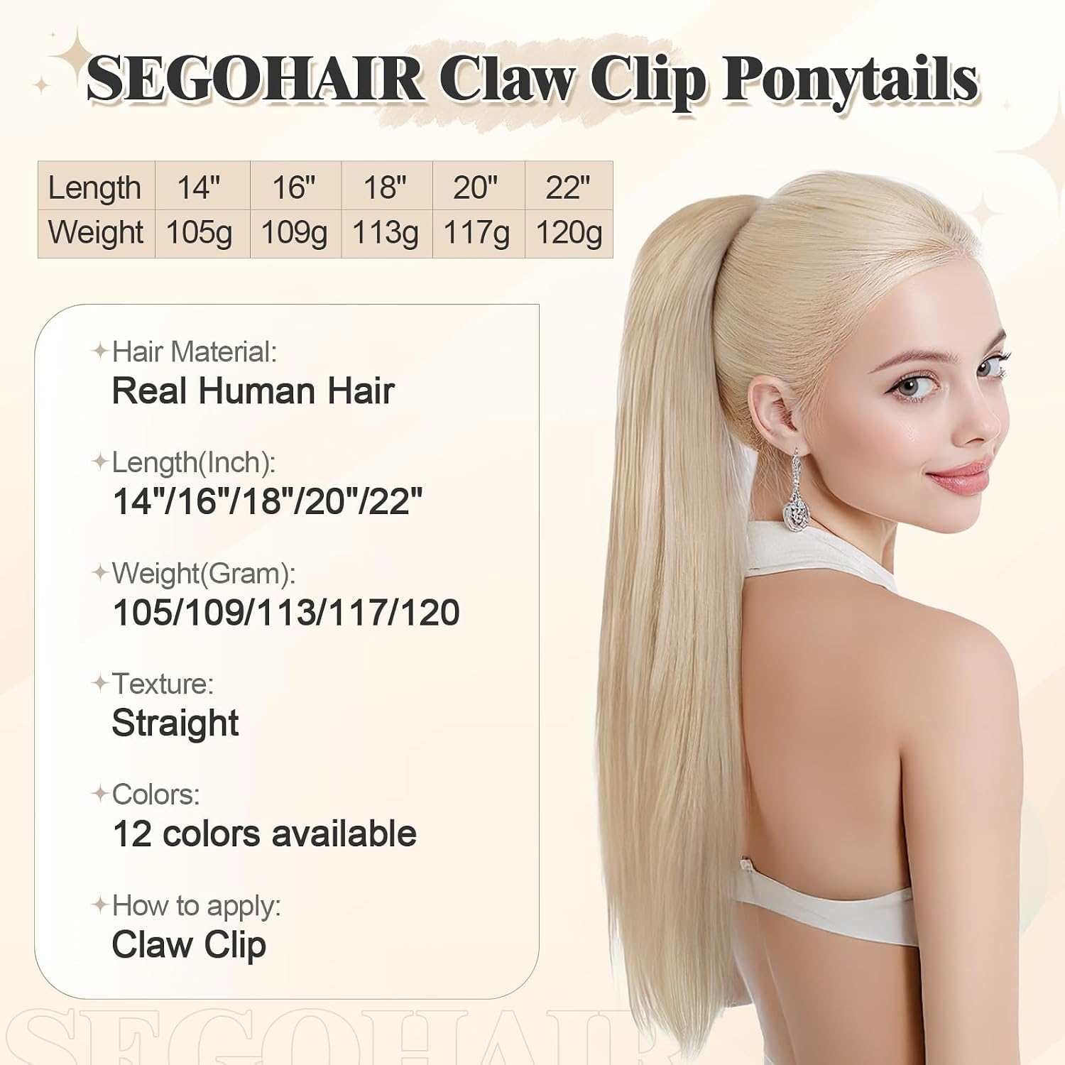 SEGOHAIR Human Hair Ponytail Extension with Claw Clip, Natural Look, Soft, 14"-22", More Colors Options for Women, Ideal for Dates, Weddings, Parties, Gifts - 22" 120g Platinum blonde