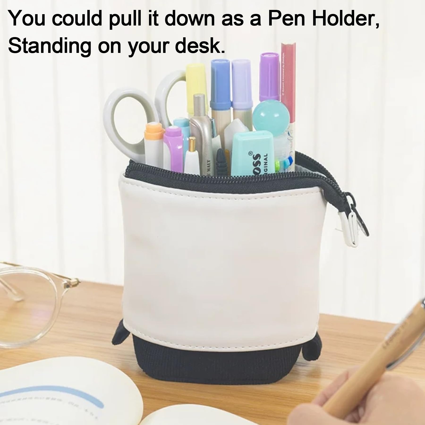 YeahBoom Pencil Case, 2-in-1 Zip Design, PU Material, Telescopic, Pen Holder for Students Black, PU-Design - Image 3