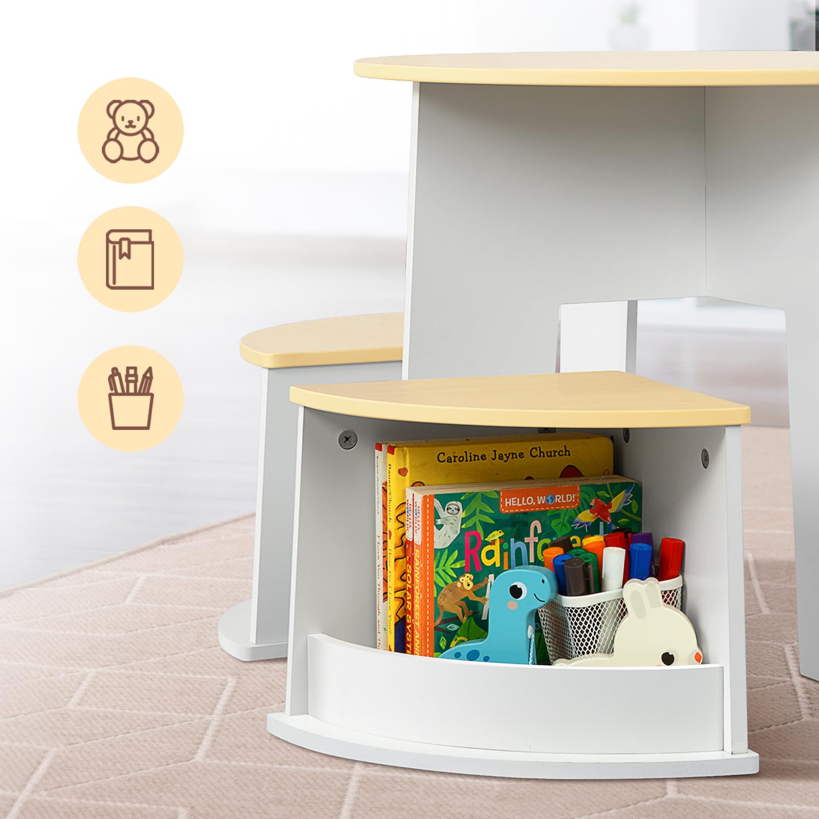 OOOK Table Enfant avec 4 Chaise, Table Ronde en Bois avec 4 tabourets à Rangement, Tables et chaises pour Enfants dédiés à l'art, l'artisanat, la Lecture et Les Jeux