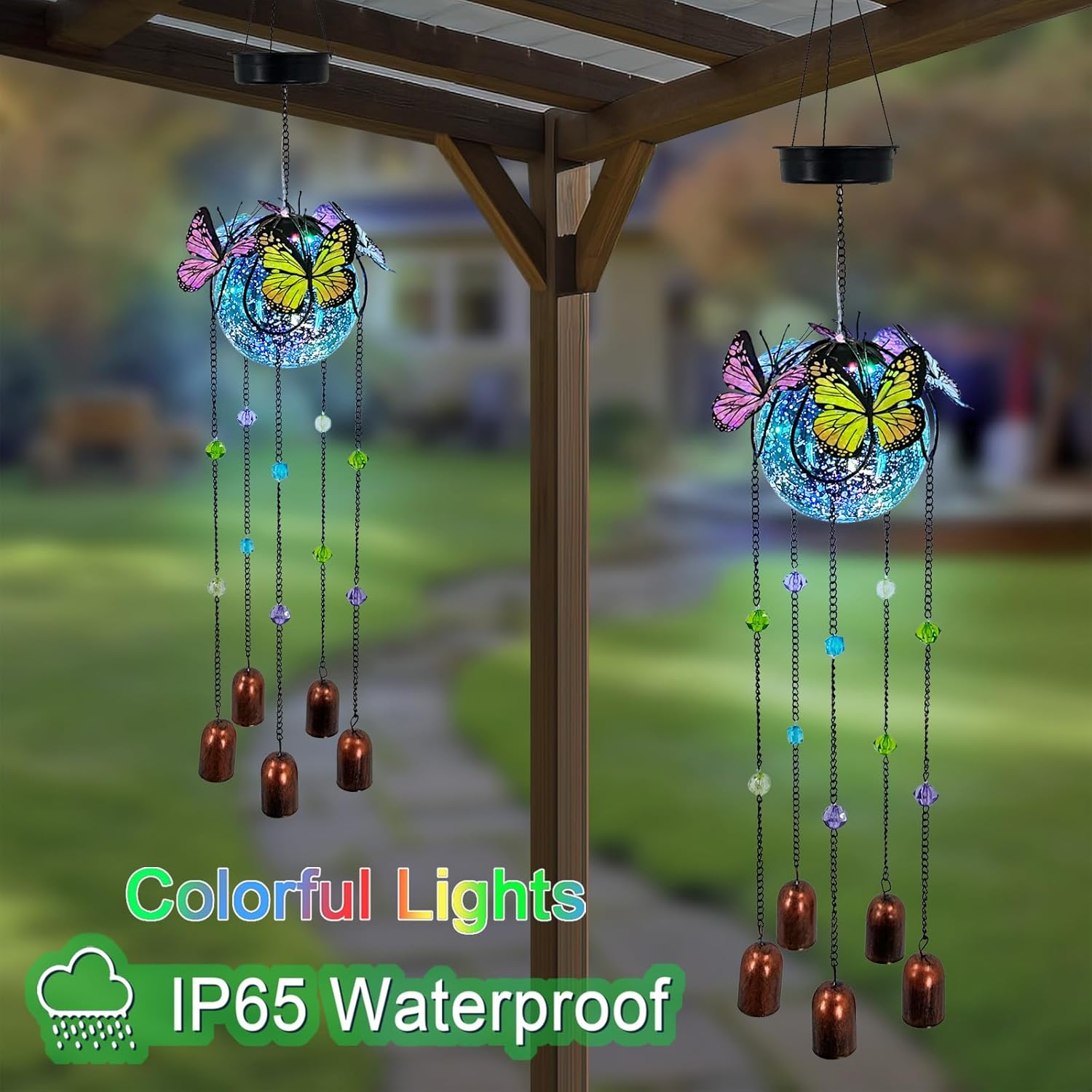 Butterfly Wind Chimes for Outside,Plastic Ball Dangle Solar Lights Outdoor,Waterproof Hanging Yard Decorations for Garden,Patio,Porch