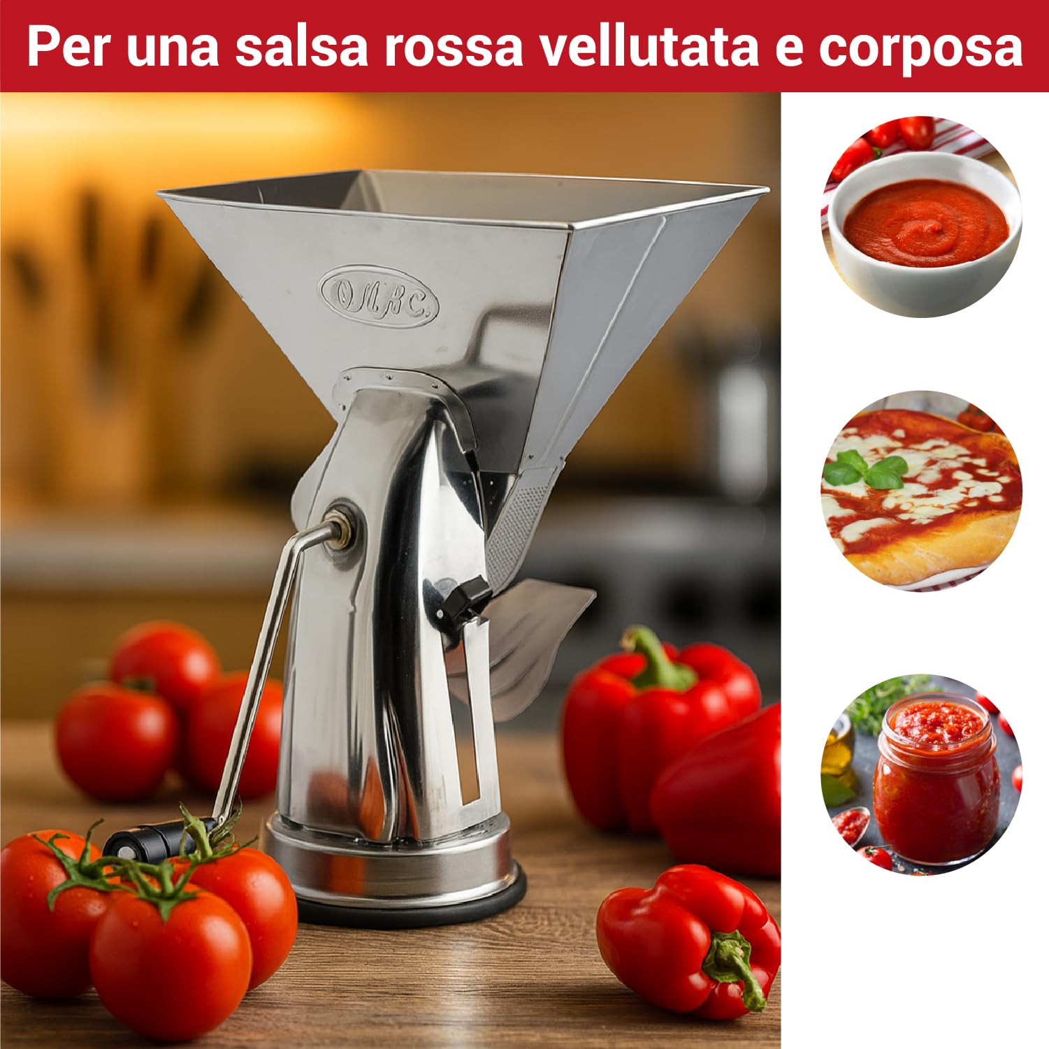 Crisalide® - Passapomodoro Manuale in Acciaio Inox 18/C con Ventosa Antiscivolo, Rullo in Alluminio, Retina in Acciaio Inox 18/10 e Leva in Nylon