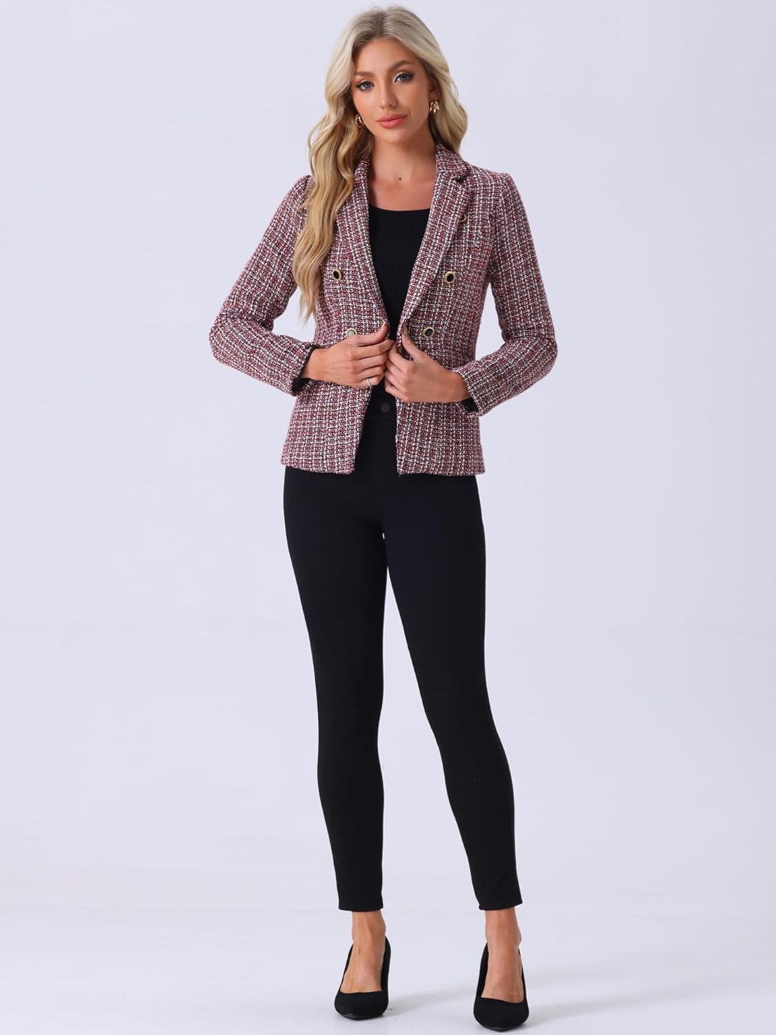 Allegra K Women's Tweed Jacket Plaid Blazer Long Sleeve Elegant Work Open Front Tweed Blazer Jackets - Image 3