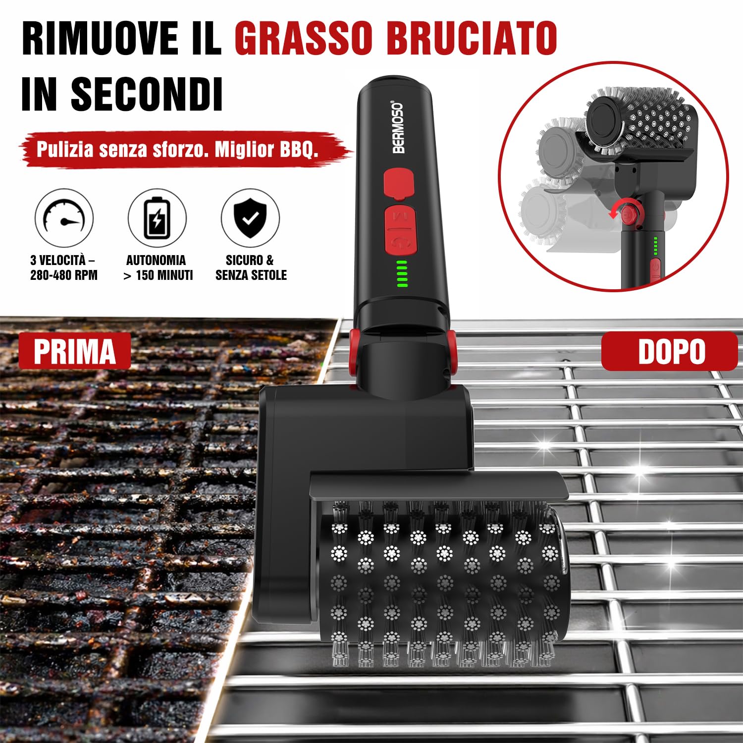 Spazzola elettrica per barbecue, pulitore ricaricabile USB 3 velocità, 3 testine, autonomia 150 minuti, impermeabile, resistente al calore, spazzola rotante senza fili