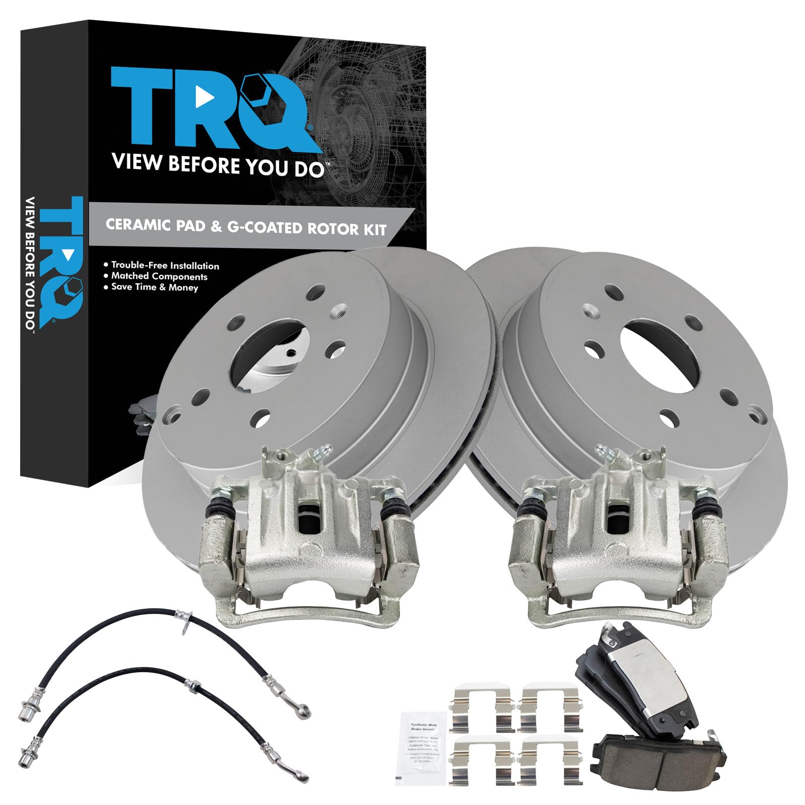 TRQ Rear Brake Pad &amp; Rotor Kit Ceramic Premium G-Coated Compatible with 2010-2012 Chevrolet Equinox 2010-2011 GMC Terrain