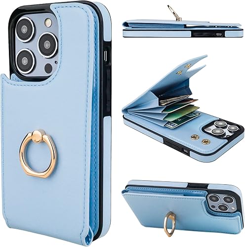 Vista 27 de Folosu Funda Cartera compatible con iPhone 14 Pro Max con soporte para tarjetas, rotación de 360°, soporte de anillo de dedo con función atril